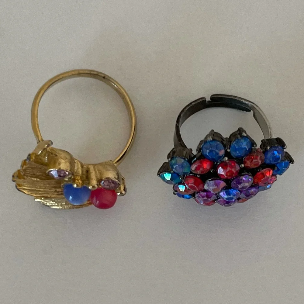 Vintage 70’s Rings Antique Gemstone Jewelry Adjustable 2 Piece Ring Set Blue Red